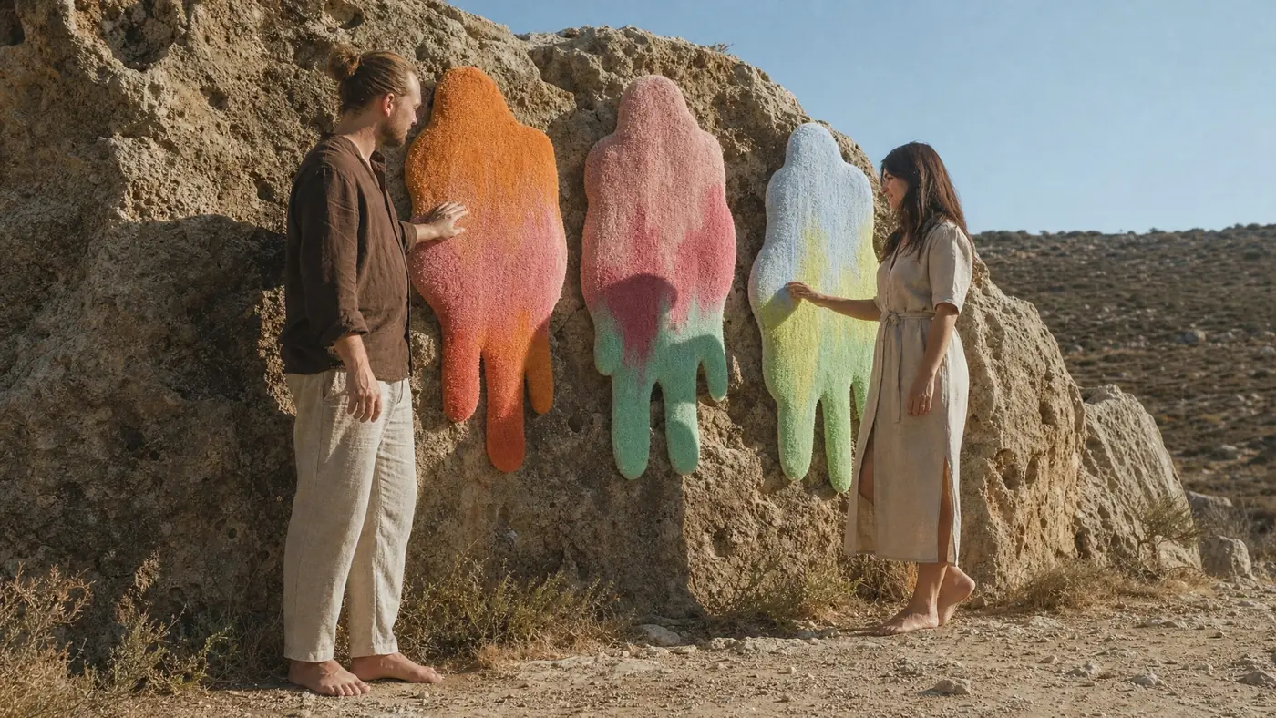 Jan and Alizay with three drip tufted wall pieces on a rock face outside Paphos