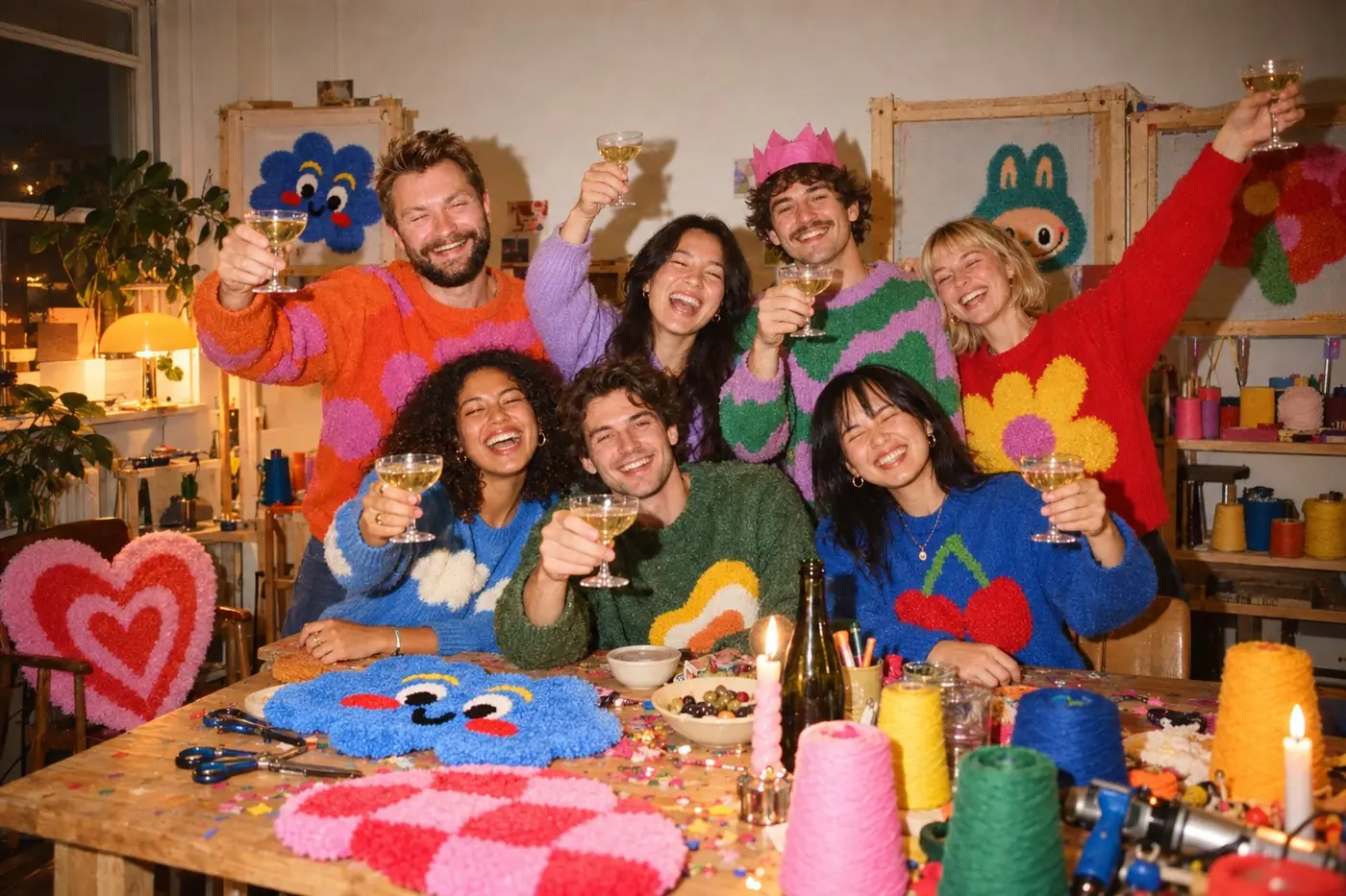 A group celebrating together with their finished tufted pieces