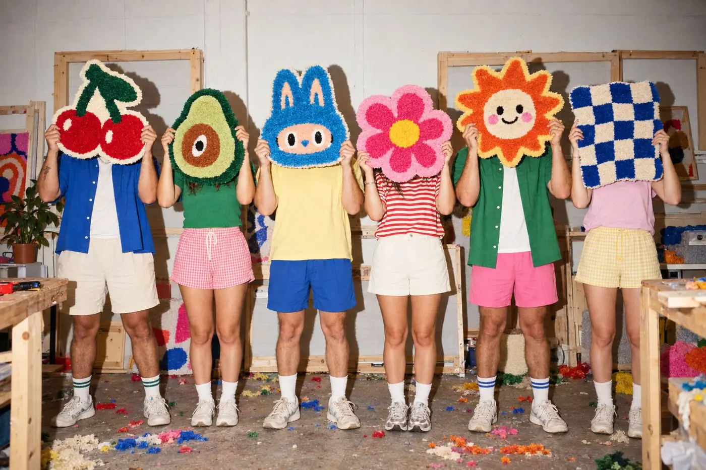 Six participants holding their finished tufted rugs in front of their faces