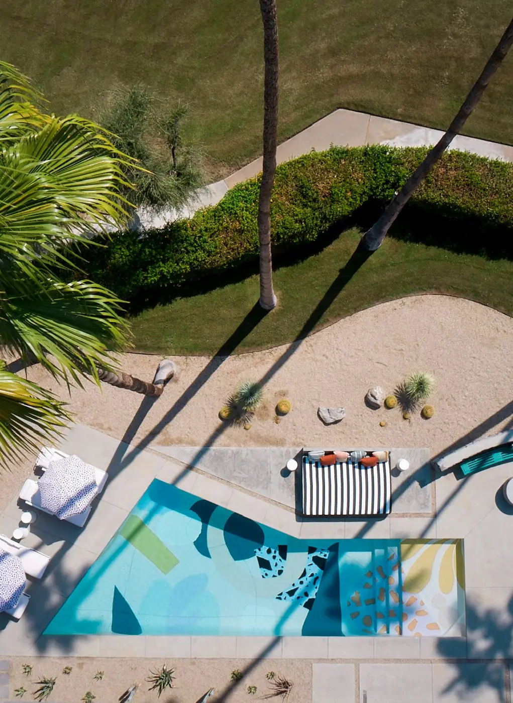 Aerial view of a pool floor painted by Alex Proba in Palm Springs