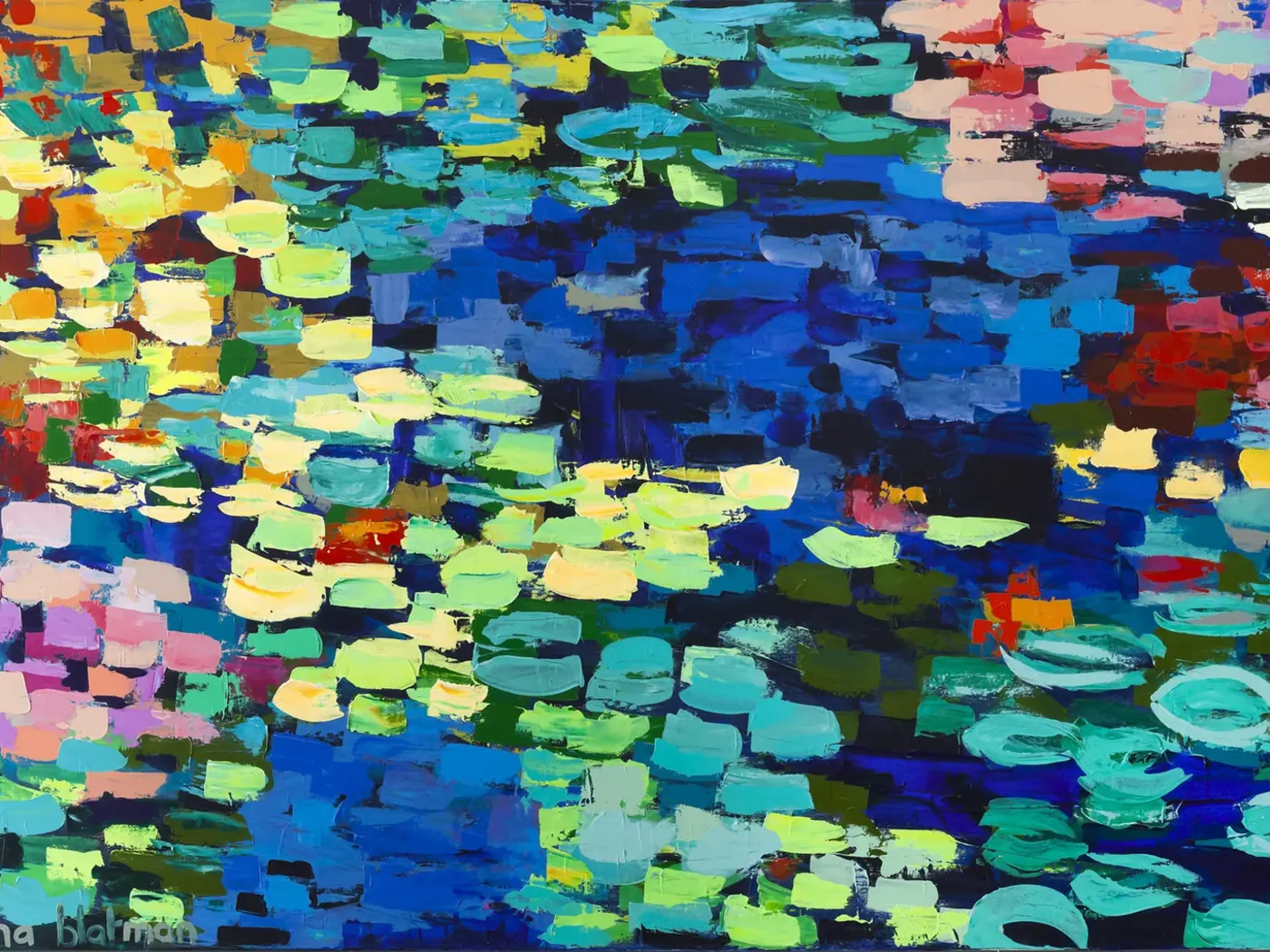 Close detail of an Anna Blatman painting showing thick layered brushstrokes of blue, green, yellow and pink reflecting a pond of water lilies