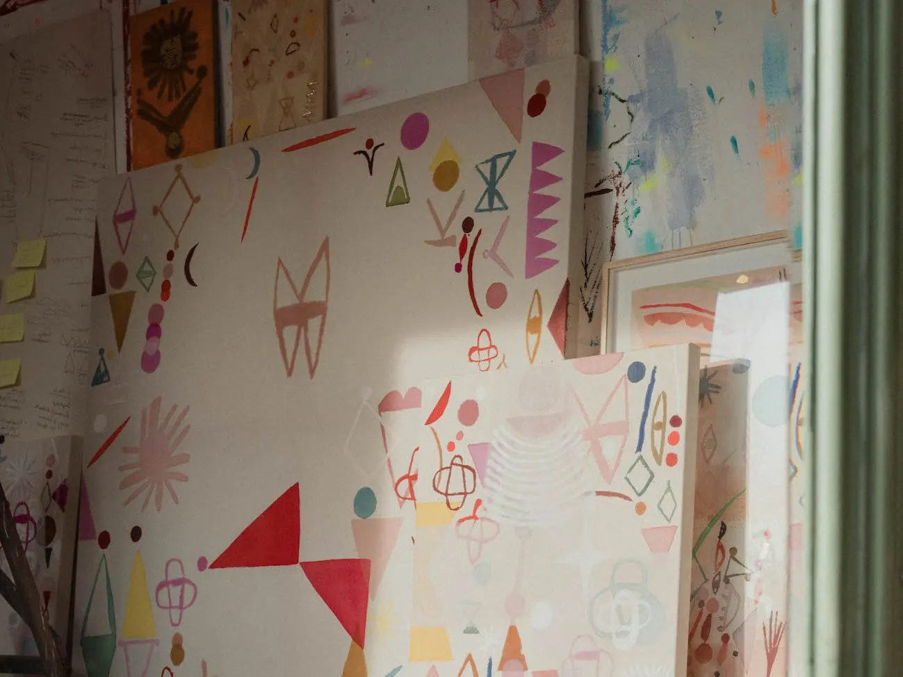 Becky Blair’s geometric pattern canvases leaning against a paint-splattered wall in her Brighton studio, triangles and diamonds in pink, red and yellow