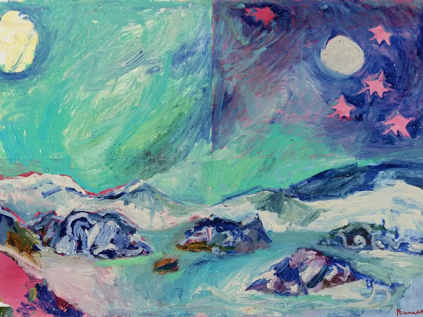 A painting by Emily Powell of a moonlit Arctic night, green northern lights over snow covered mountains on the left and a starry purple sky with a full moon on the right