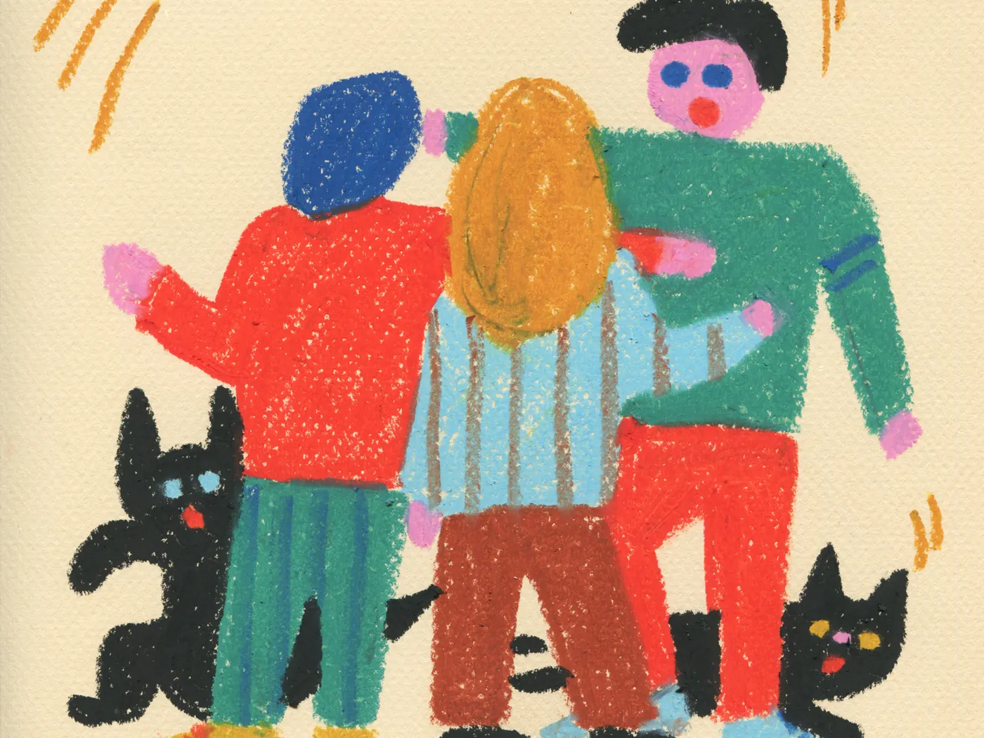 Katie Benn gouache painting of three figures with linked arms in red, teal, green and orange, surrounded by black cats and a parrot