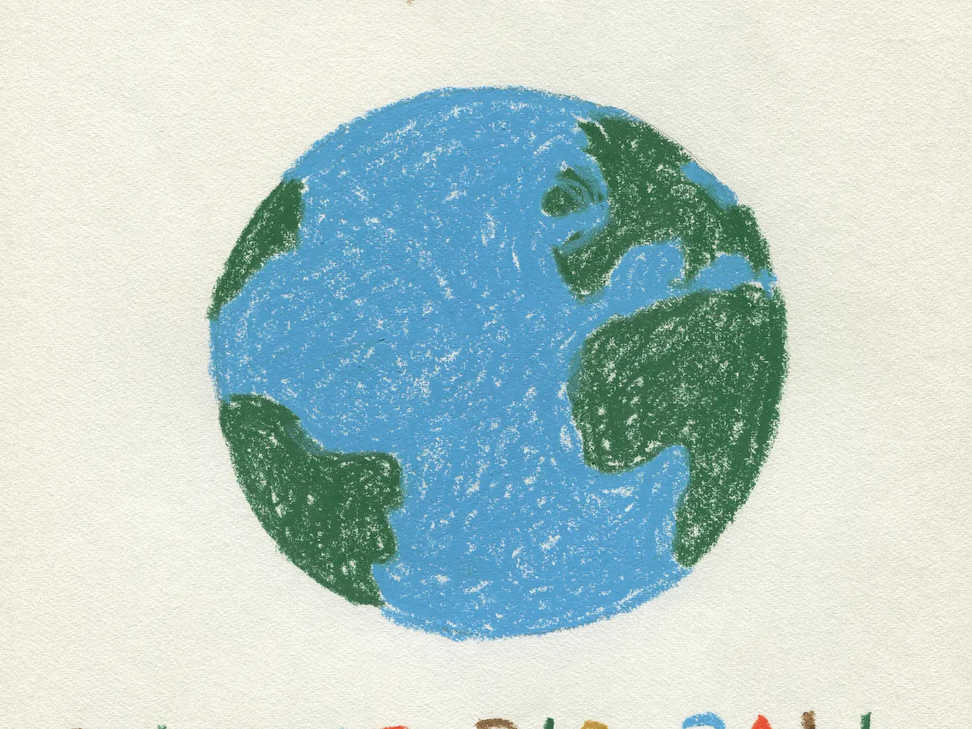 Katie Benn’s gouache painting Doing My Best On The Big Ball, showing a blue and green planet Earth in hand-lettered text
