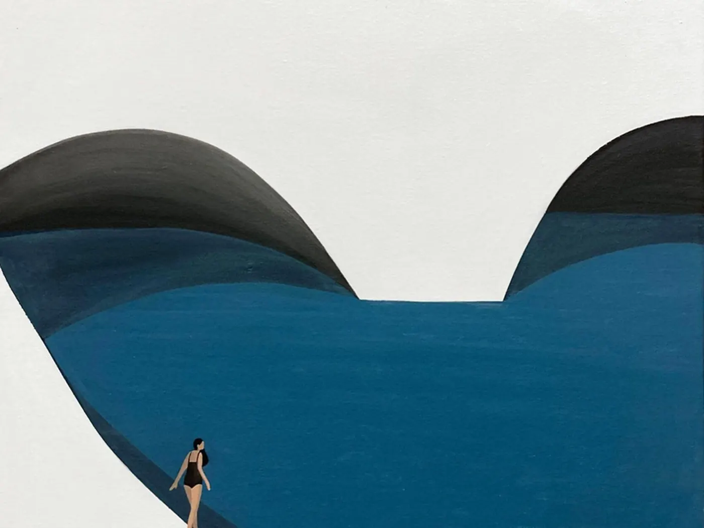 A Quentin Monge painting of a woman walking beside a dark blue pool shaped like rolling hills