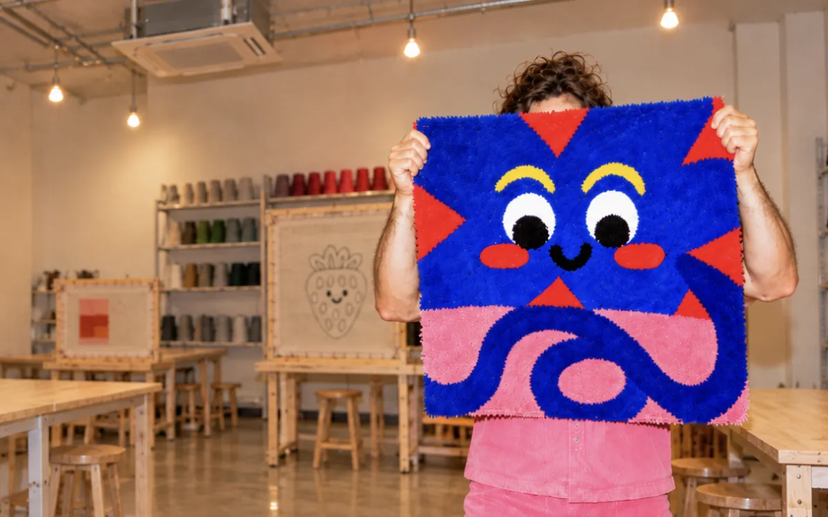 A participant in the BUBU Studio holding up a large tufted blue face rug in front of the rainbow yarn wall